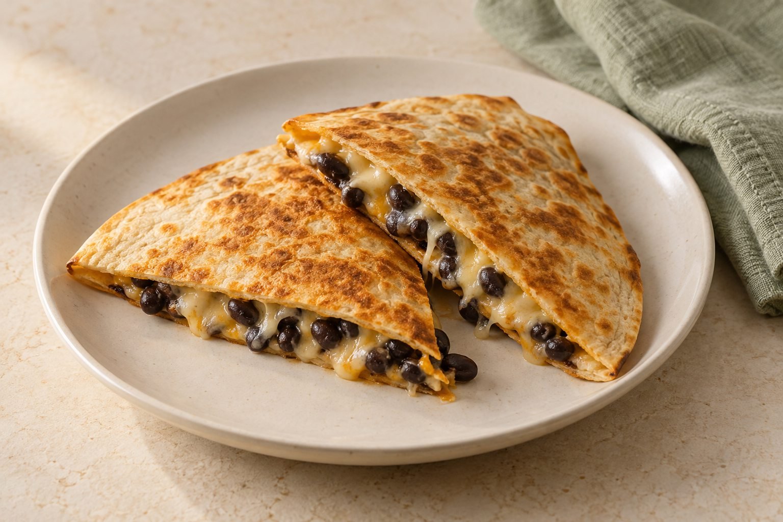 A golden black bean and cheese quesadilla